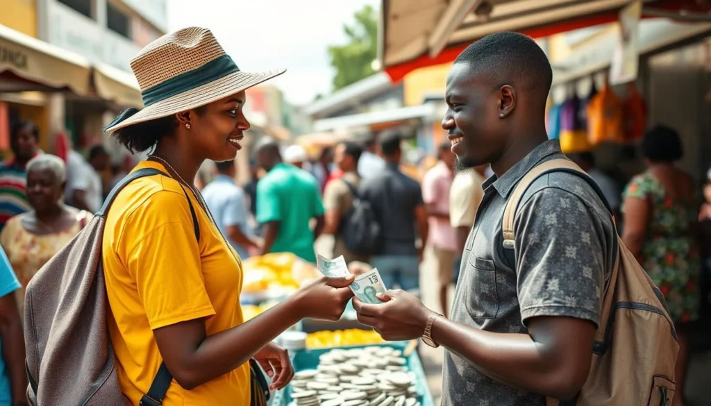 Tourist using local currency at a market stall in New Amsterdam
