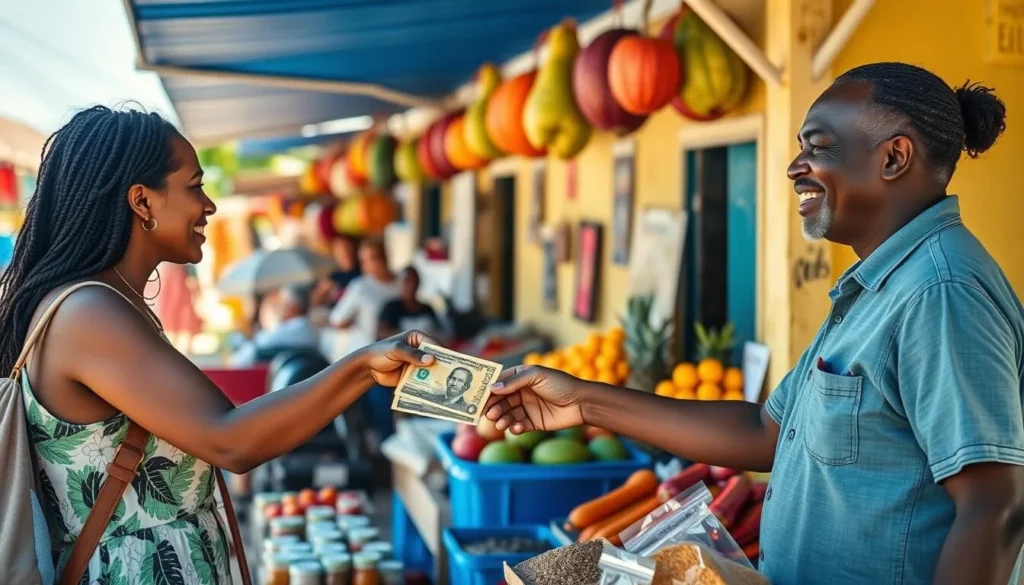 Tourist using local currency at a market stall in Sauteurs Tourist using local currency at a market stall in Sauteurs