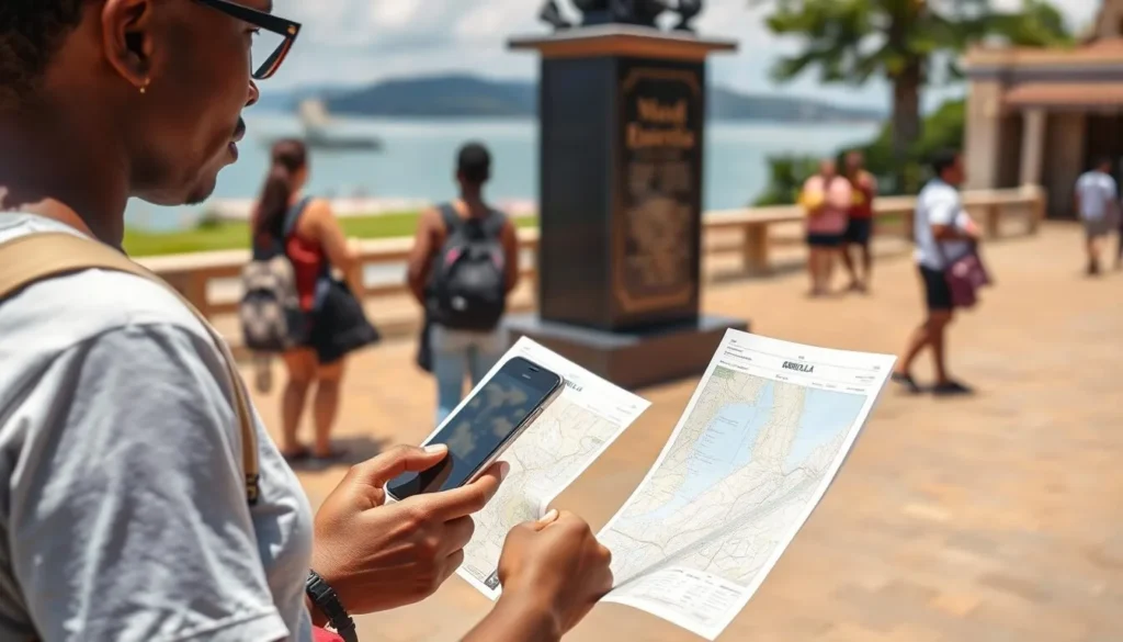 Tourist using mobile phone and map while exploring Entebbe