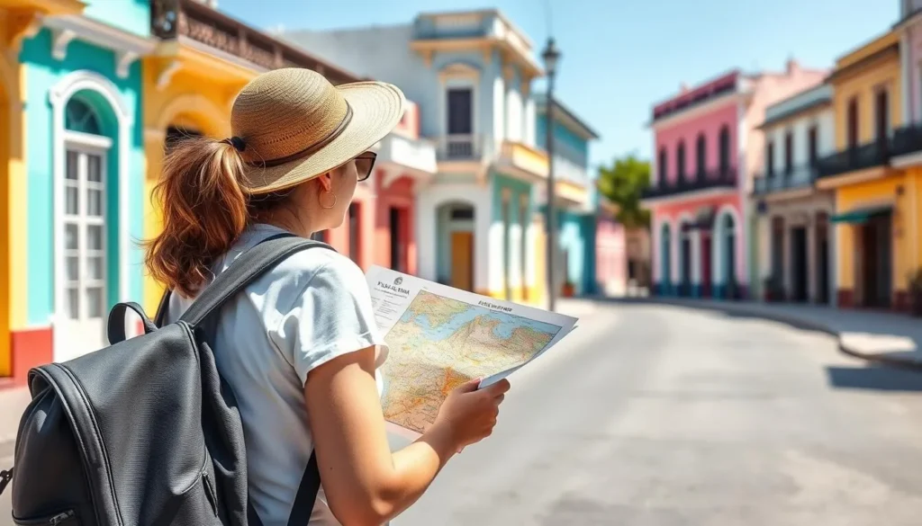 Tourist with backpack looking at a map while exploring Playa Giron Tourist with backpack looking at a map while exploring Playa Giron
