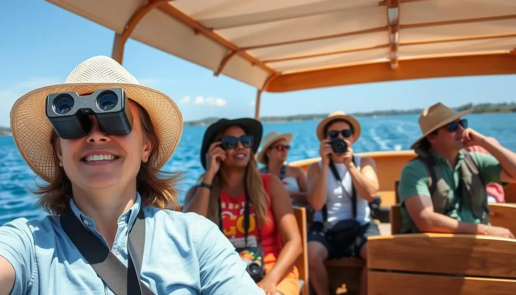 Tourist with binoculars and camera on a Lake Chamo boat safari Tourist with binoculars and camera on a Lake Chamo boat safari