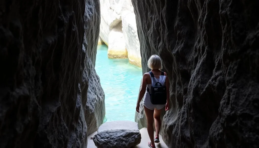Tourist with waterproof bag navigating through The Baths Virgin Gorda