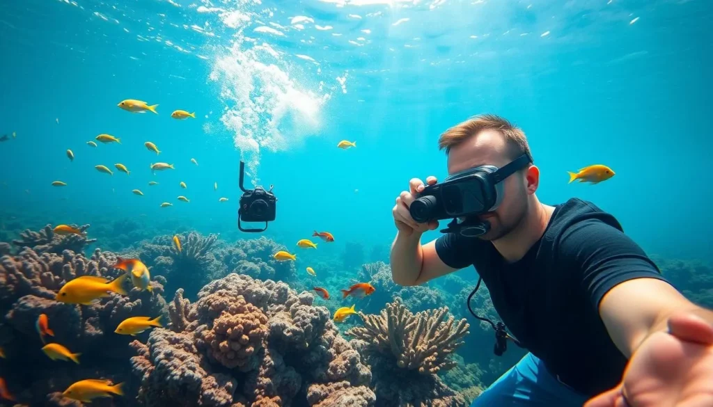 Tourist with waterproof camera taking photos while snorkeling near Islas Marietas Tourist with waterproof camera taking photos while snorkeling near Islas Marietas