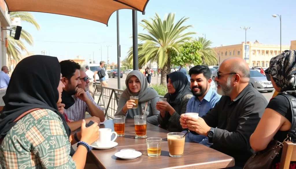Tourists and locals interacting at a café in Ismailia