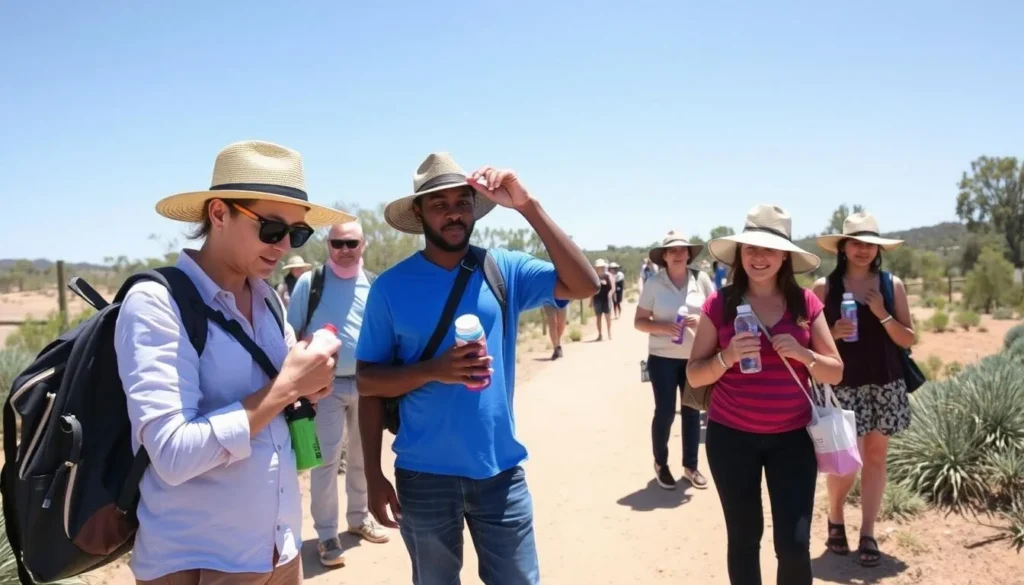 Tourists applying sunscreen at the Australian Arid Lands Botanic Garden, demonstrating safety practices for Port Augusta South Australia best things to do