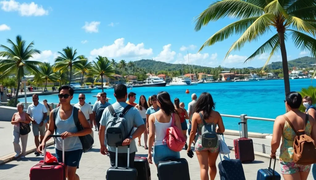 Tourists arriving at Papeete harbor with luggage, exploring things to do in Papeete French Polynesia