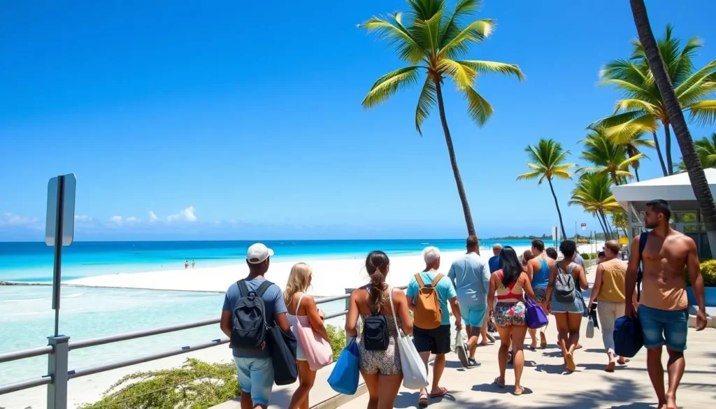 Tourists arriving at Seven Mile Beach Grand Cayman with luggage and beach gear
