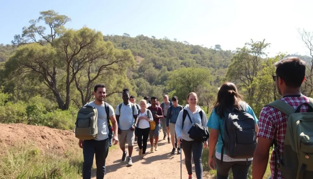 Tourists arriving at the entrance to Entoto Hills with a view of the eucalyptus forest path Tourists arriving at the entrance to Entoto Hills with a view of the eucalyptus forest path