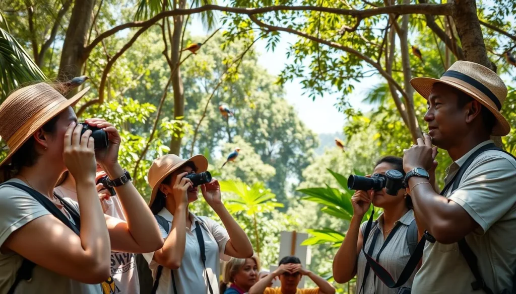 Tourists birdwatching in Iwokrama Forest with binoculars and a local guide Tourists birdwatching in Iwokrama Forest with binoculars and a local guide