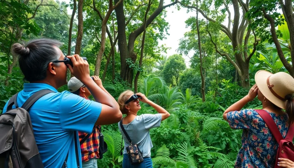 Tourists birdwatching on Tiger Island with binoculars observing tropical birds