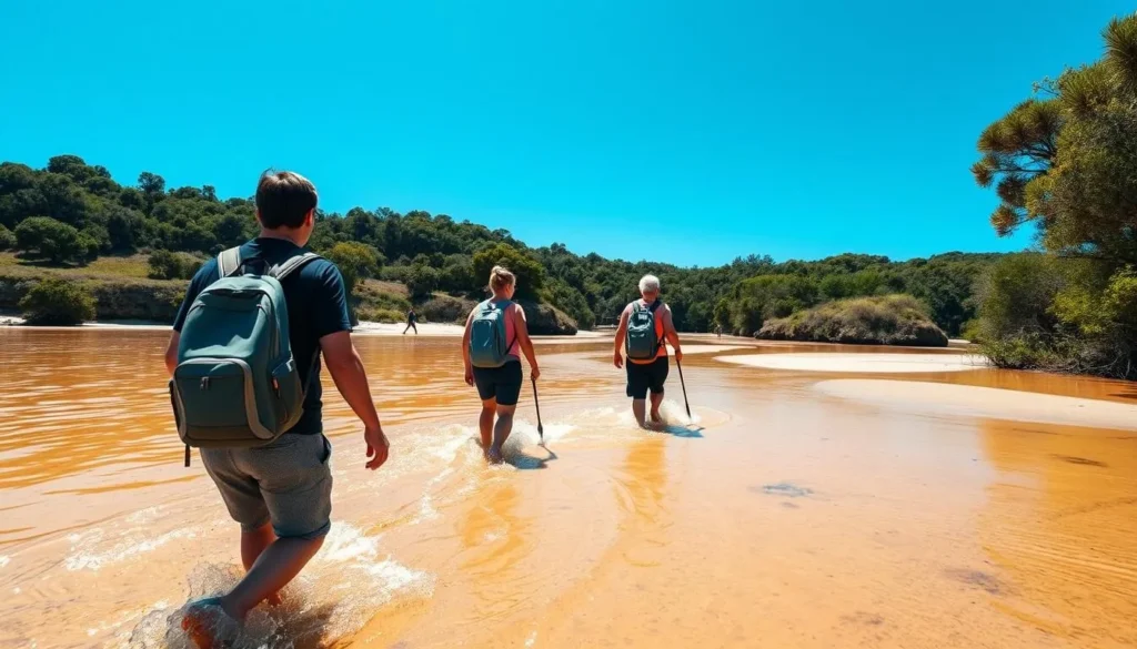 Tourists carefully crossing a tidal estuary in Abel Tasman National Park