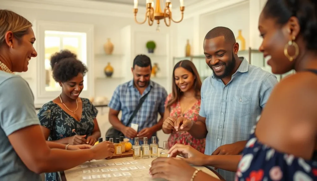 Tourists creating custom perfumes at Tijon Parfumerie in St. Martin Tourists creating custom perfumes at Tijon Parfumerie in St. Martin