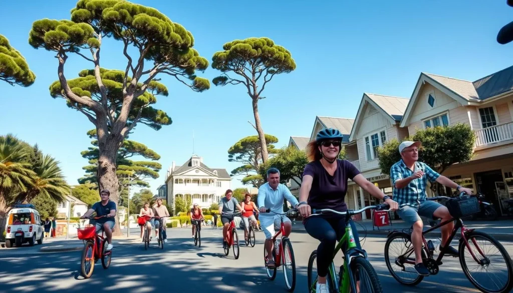Tourists cycling along Port Fairy's historic streets with Norfolk Island pines
