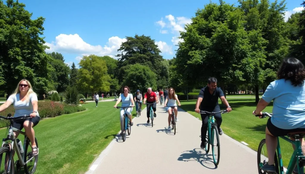 Tourists cycling along a bike path in Munich's English Garden on a sunny day
