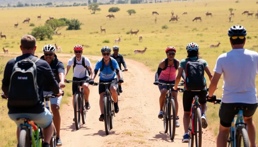Tourists cycling through Lake Mburo National Park with wildlife in the background