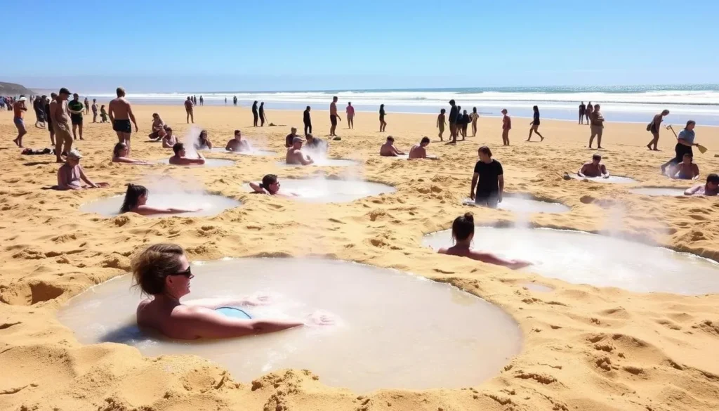 Tourists digging hot pools at Hot Water Beach on the Coromandel Peninsula, New Zealand