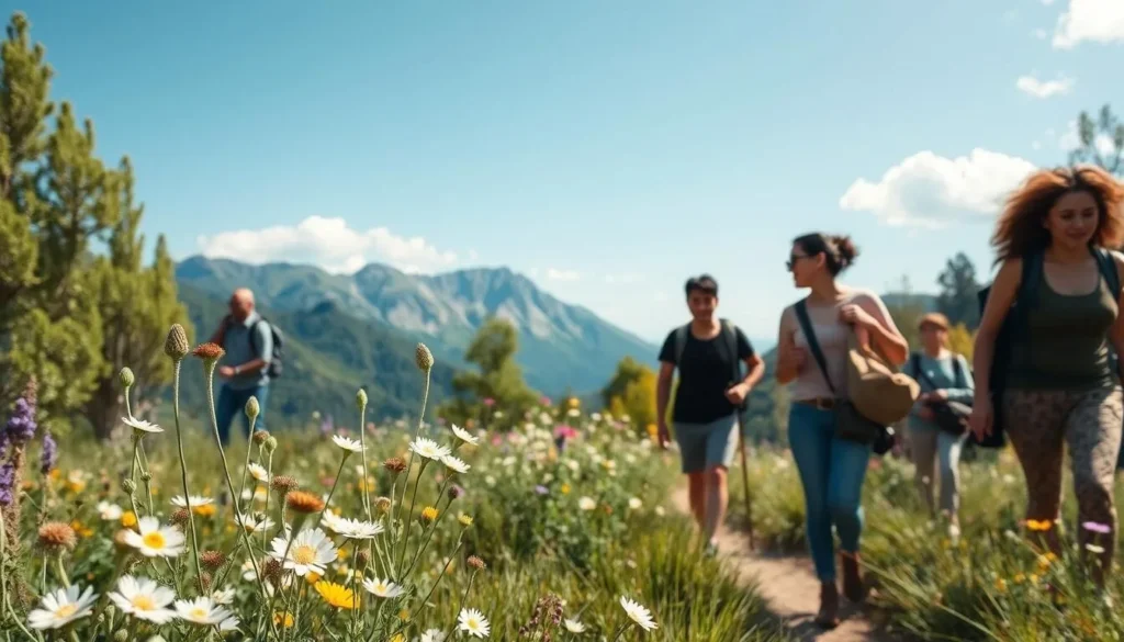Tourists enjoying Biokovo Nature Park during spring with wildflowers blooming