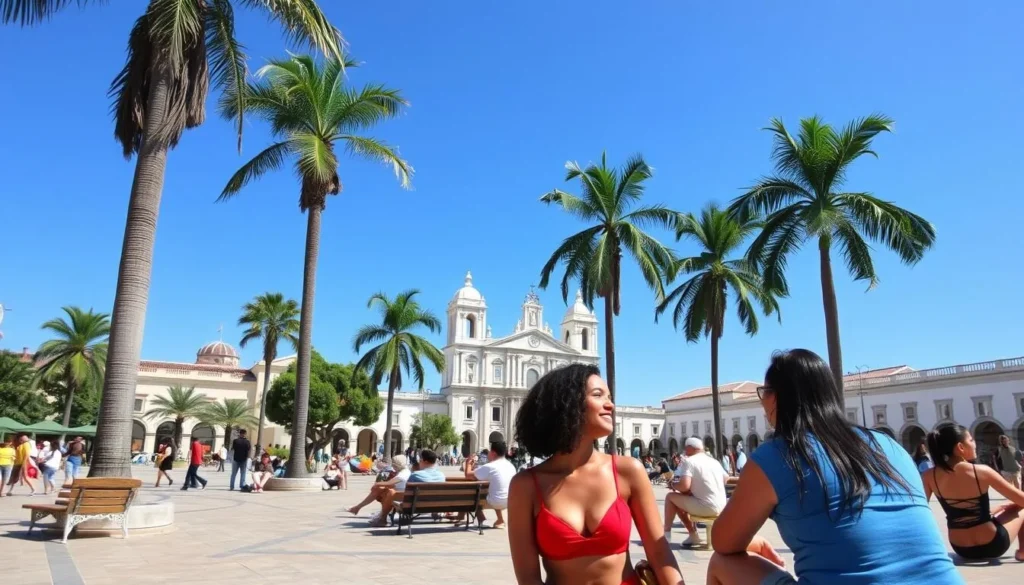 Tourists enjoying Plaza Grande in Merida Mexico during pleasant weather with blue skies