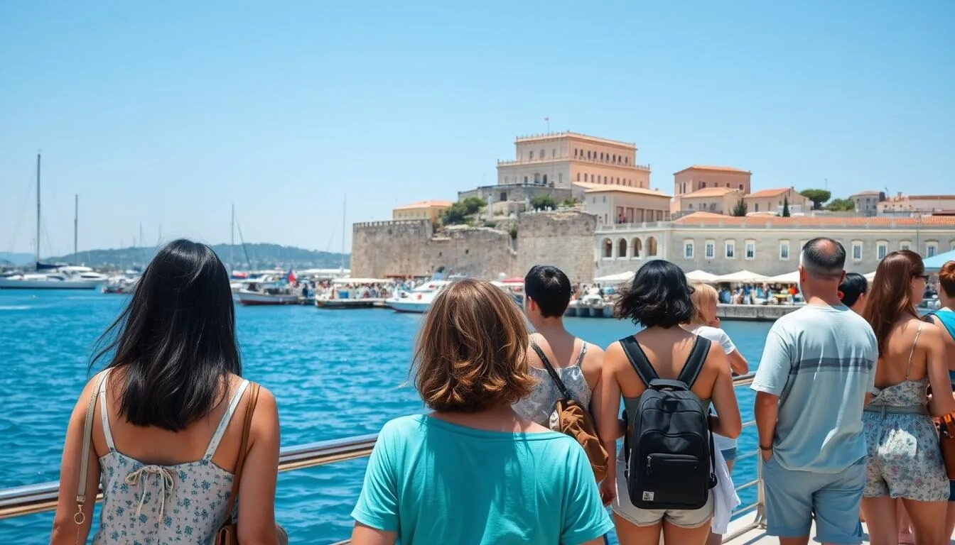 Tourists enjoying a beautiful summer day at Zadar's waterfront promenade
