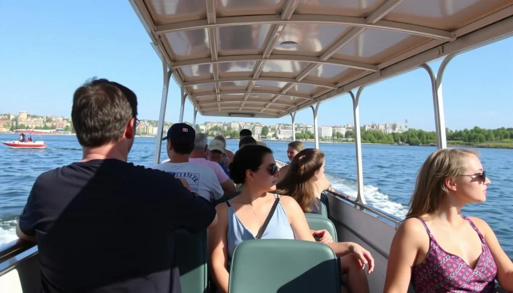 Tourists enjoying a boat ride on the Volga River near Cheboksary Tourists enjoying a boat ride on the Volga River near Cheboksary
