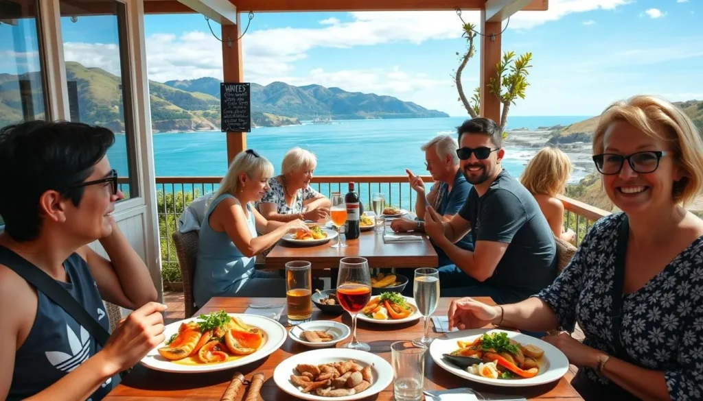 Tourists enjoying a meal with ocean views near Abel Tasman National Park
