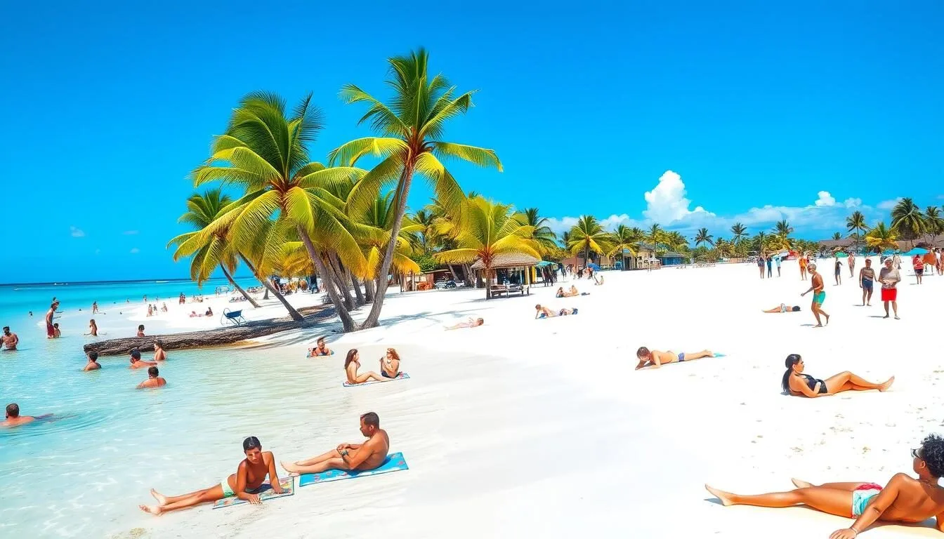 Tourists enjoying a perfect sunny day at Varadero Beach with palm trees and clear blue skies