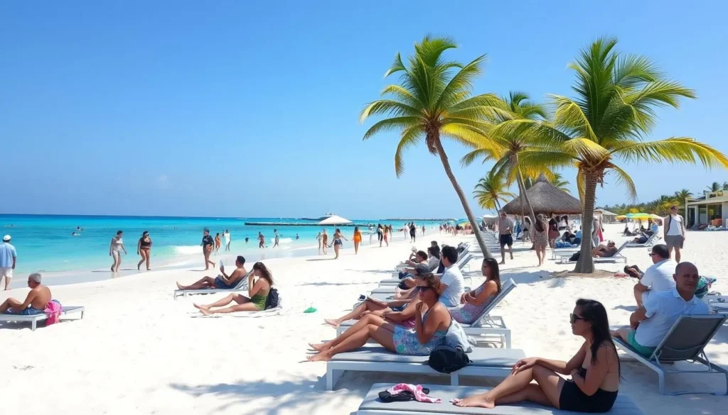 Tourists enjoying a perfect sunny day at one of Cancun's beaches during high season Tourists enjoying a perfect sunny day at one of Cancun's beaches during high season
