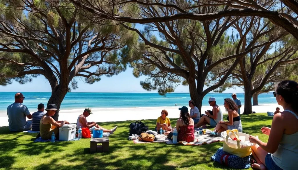 Tourists enjoying a picnic at Meelup Beach in Dunsborough with proper supplies and shade Tourists enjoying a picnic at Meelup Beach in Dunsborough with proper supplies and shade