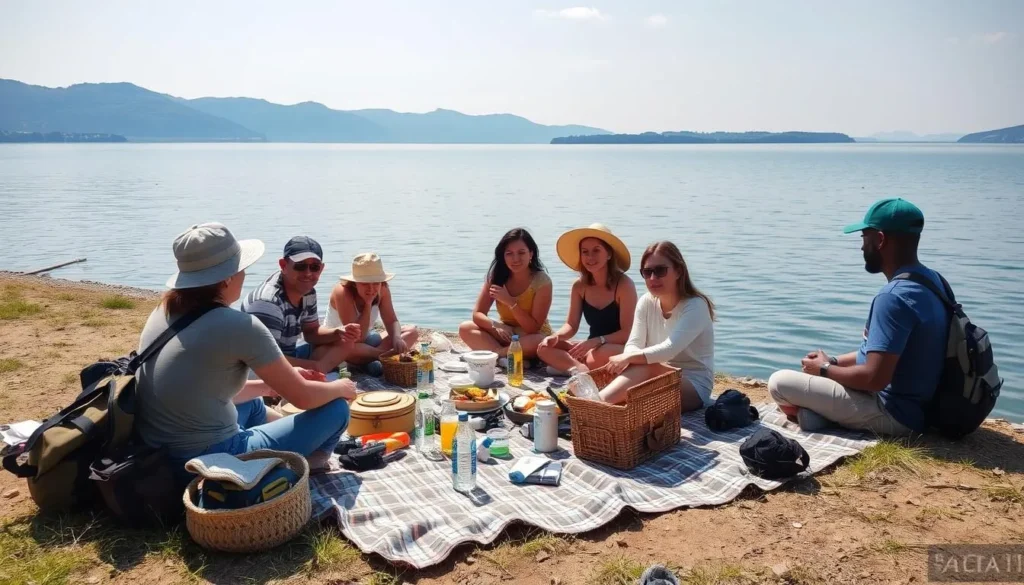Tourists enjoying a picnic by Lake Plescheevo with proper equipment and supplies