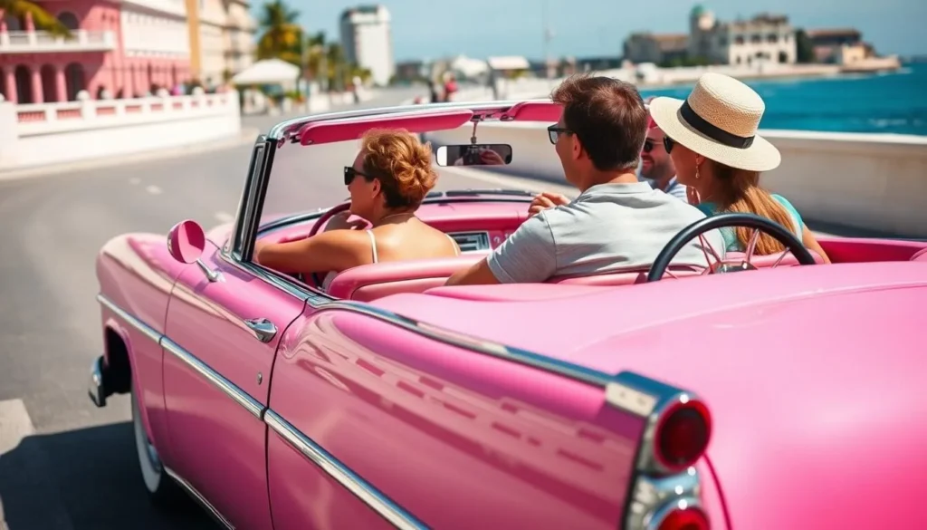 Tourists enjoying a ride in a bright pink 1950s convertible classic car in Havana