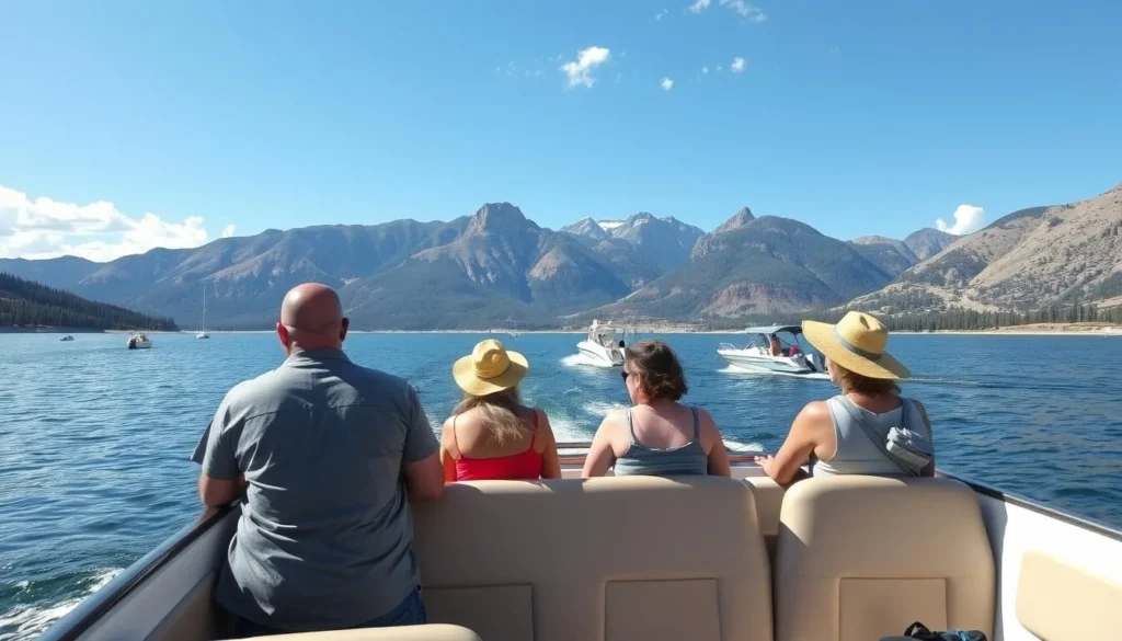 Tourists enjoying a scenic boat tour on Eagle Nest Lake with mountain backdrop Tourists enjoying a scenic boat tour on Eagle Nest Lake with mountain backdrop