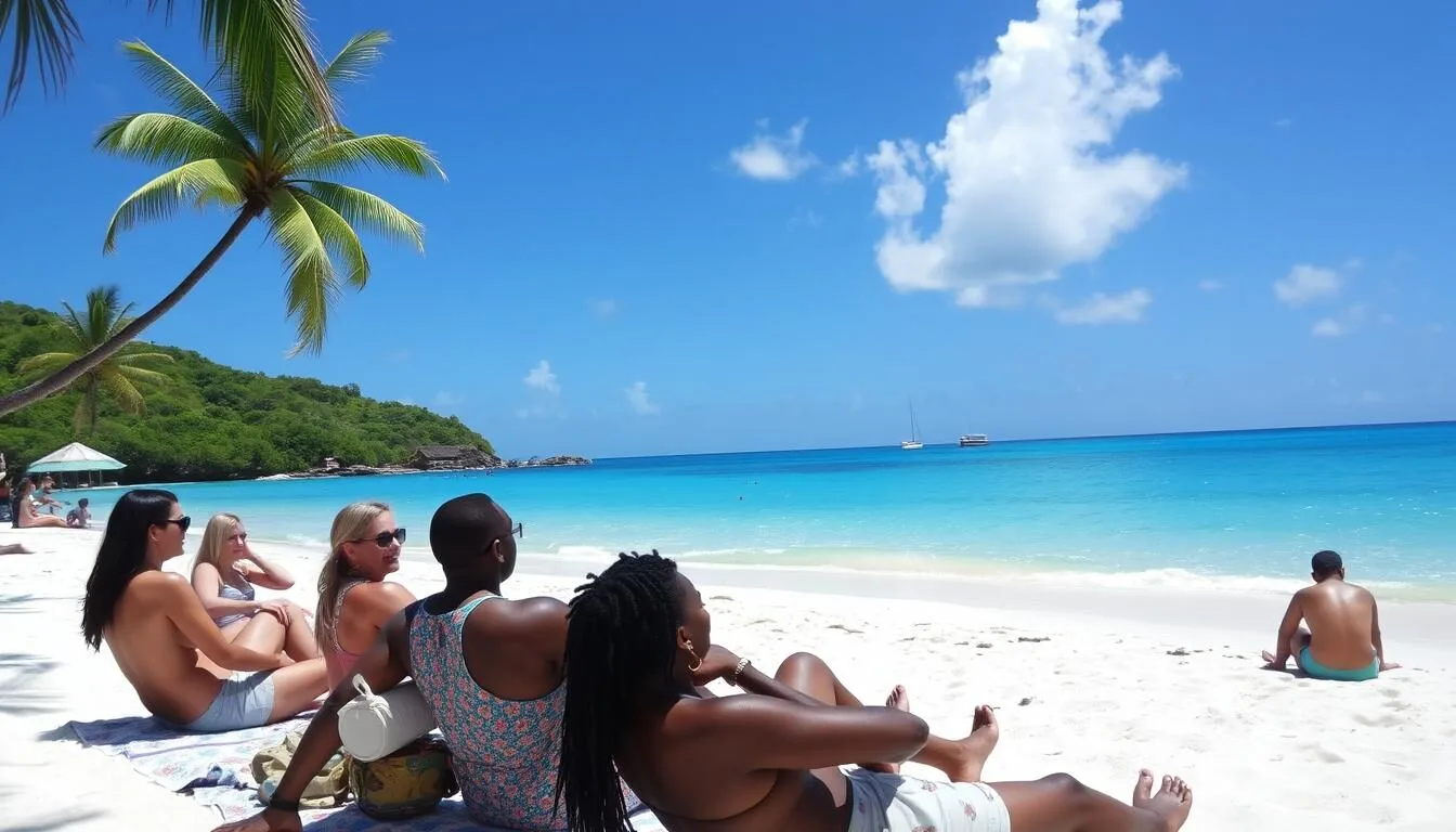 Tourists enjoying a sunny day at Grand Anse Beach near St. George's, Grenada with perfect weather conditions