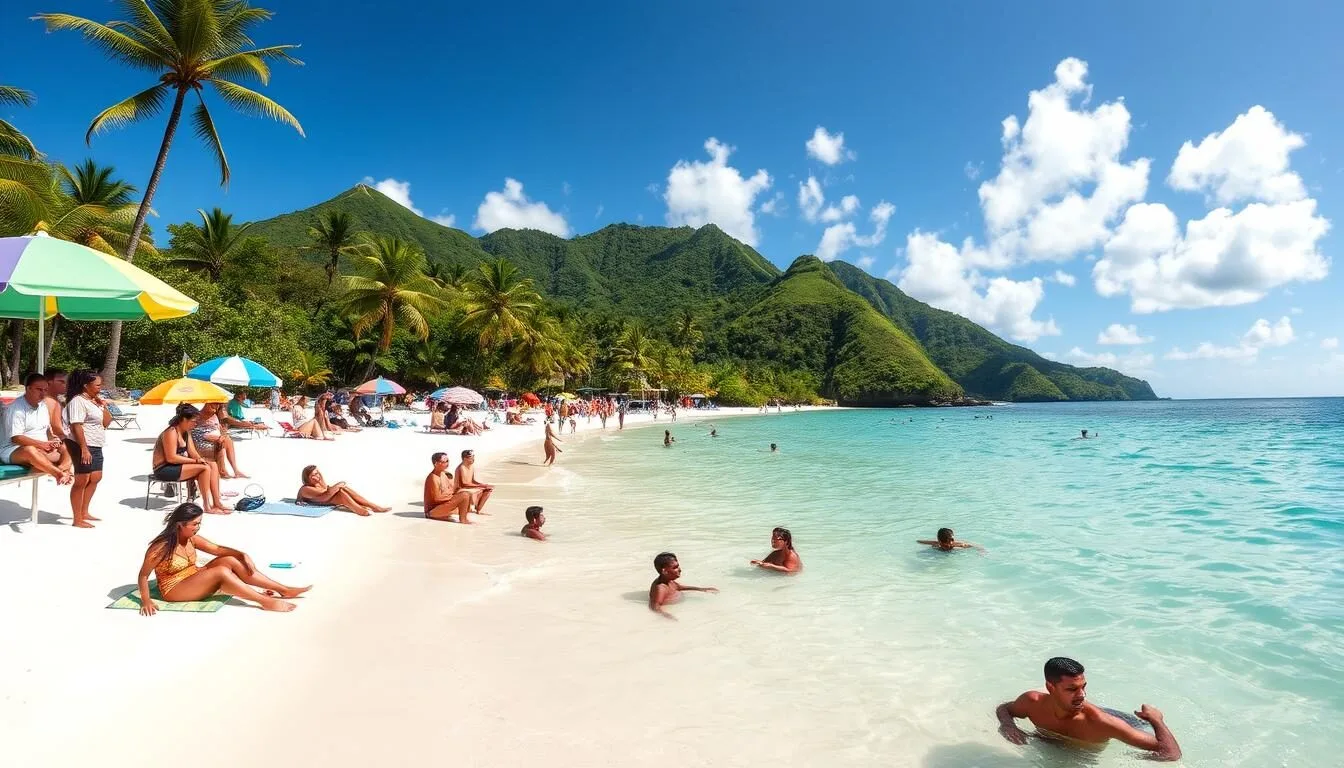 Tourists enjoying a sunny day at Reduit Beach in Rodney Bay St. Lucia
