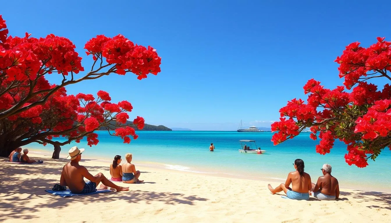 Tourists-enjoying-a-sunny-day-at-a-Bay-of-Islands-beach-with-pohutukawa-trees-in-bloom Tourists enjoying a sunny day at a Bay of Islands beach with pohutukawa trees in bloom
