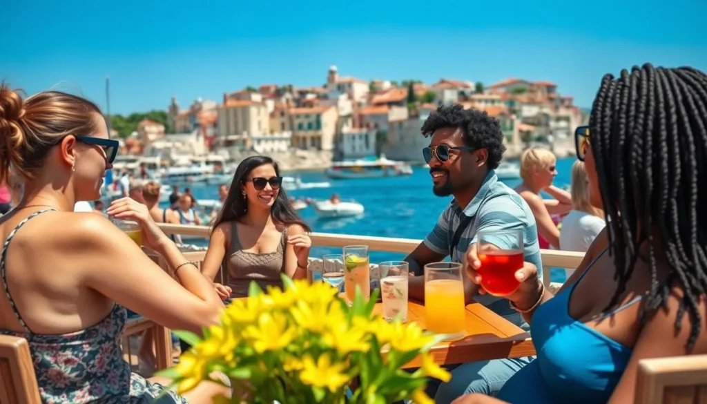 Tourists enjoying a sunny day at a cafe in Bol town on Brac Island