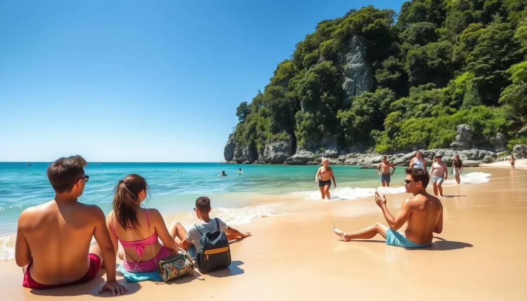 Tourists enjoying a sunny day at a golden beach in Abel Tasman National Park