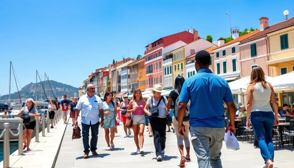 Tourists enjoying a sunny day in Rovinj Croatia with clear blue skies Tourists enjoying a sunny day in Rovinj Croatia with clear blue skies