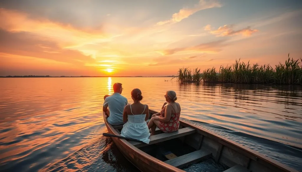 Tourists enjoying a sunset boat ride on Lake Opeta Tourists enjoying a sunset boat ride on Lake Opeta