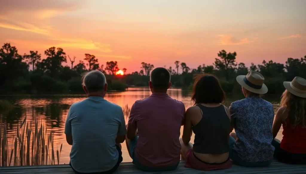 Tourists enjoying a sunset over Caddo Lake with silhouettes of cypress trees against an orange sky