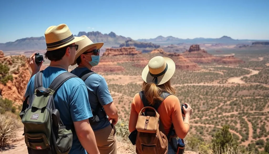 Tourists enjoying a viewpoint along the Apache Trail with cameras and water bottles