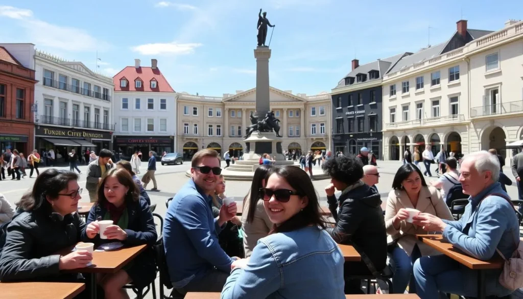 Tourists enjoying coffee at a cafe in The Octagon, Dunedin's city center