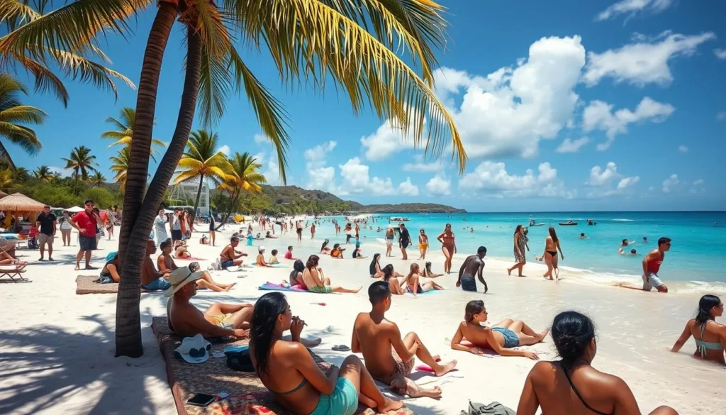 Tourists enjoying perfect weather at Lorient Beach in St. Barts during high season