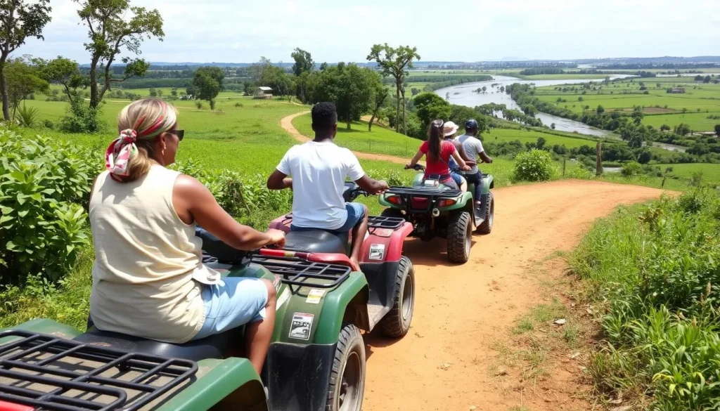 Tourists enjoying quad biking through the Ugandan countryside near Jinja