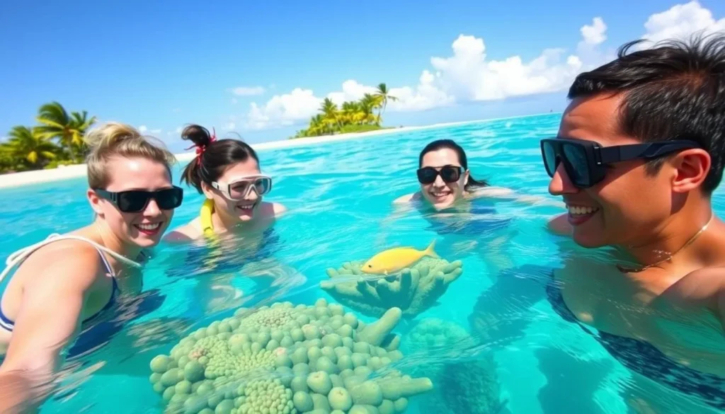 Tourists enjoying snorkeling in the clear waters of South Tarawa's lagoon