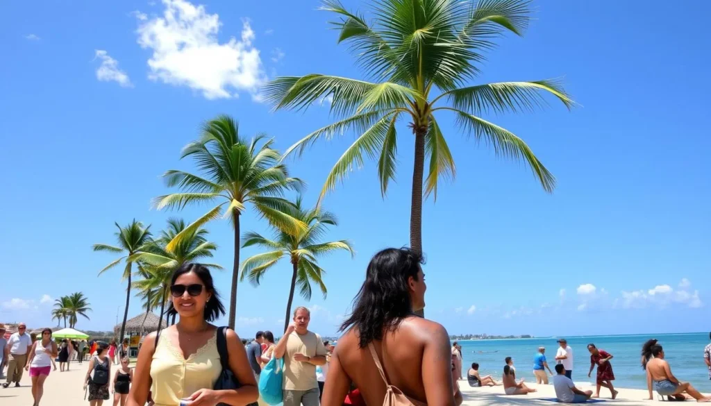 Tourists enjoying sunny weather at Punta Gorda in Cienfuegos with palm trees and blue skies Tourists enjoying sunny weather at Punta Gorda in Cienfuegos with palm trees and blue skies