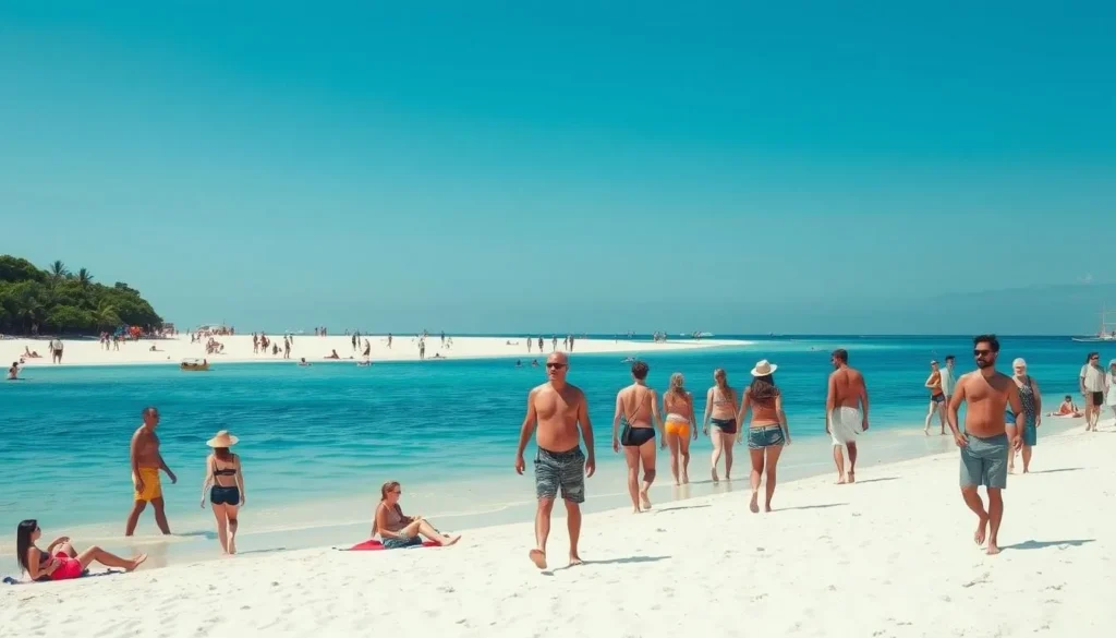 Tourists enjoying sunny weather on Balicasag Island beach with clear blue skies and calm waters