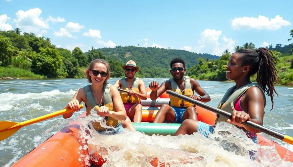 Tourists enjoying sunny weather while rafting on the Nile River in Jinja, Uganda