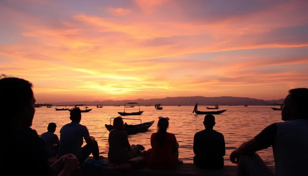Tourists enjoying sunset by Lake Awassa with traditional fishing boats silhouetted against the colorful sky