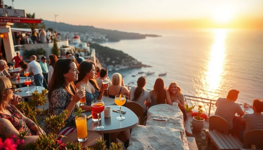 Tourists enjoying sunset drinks at a cliffside bar in Hvar with views of the Adriatic Sea
