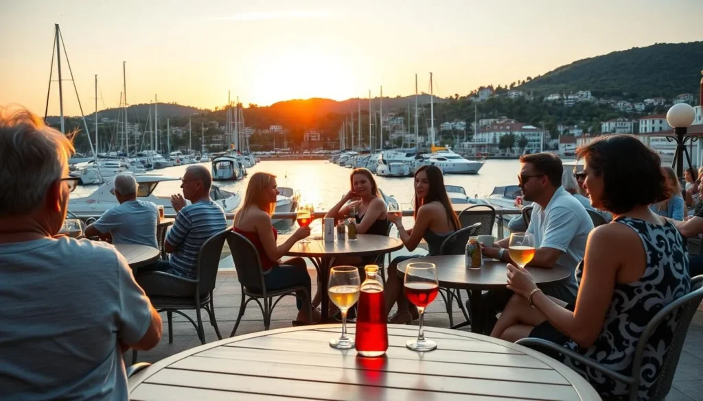 Tourists enjoying sunset drinks at a waterfront cafe in Cavtat